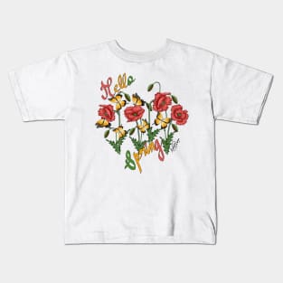 Hello Spring Poppies And Butterflies Art Kids T-Shirt